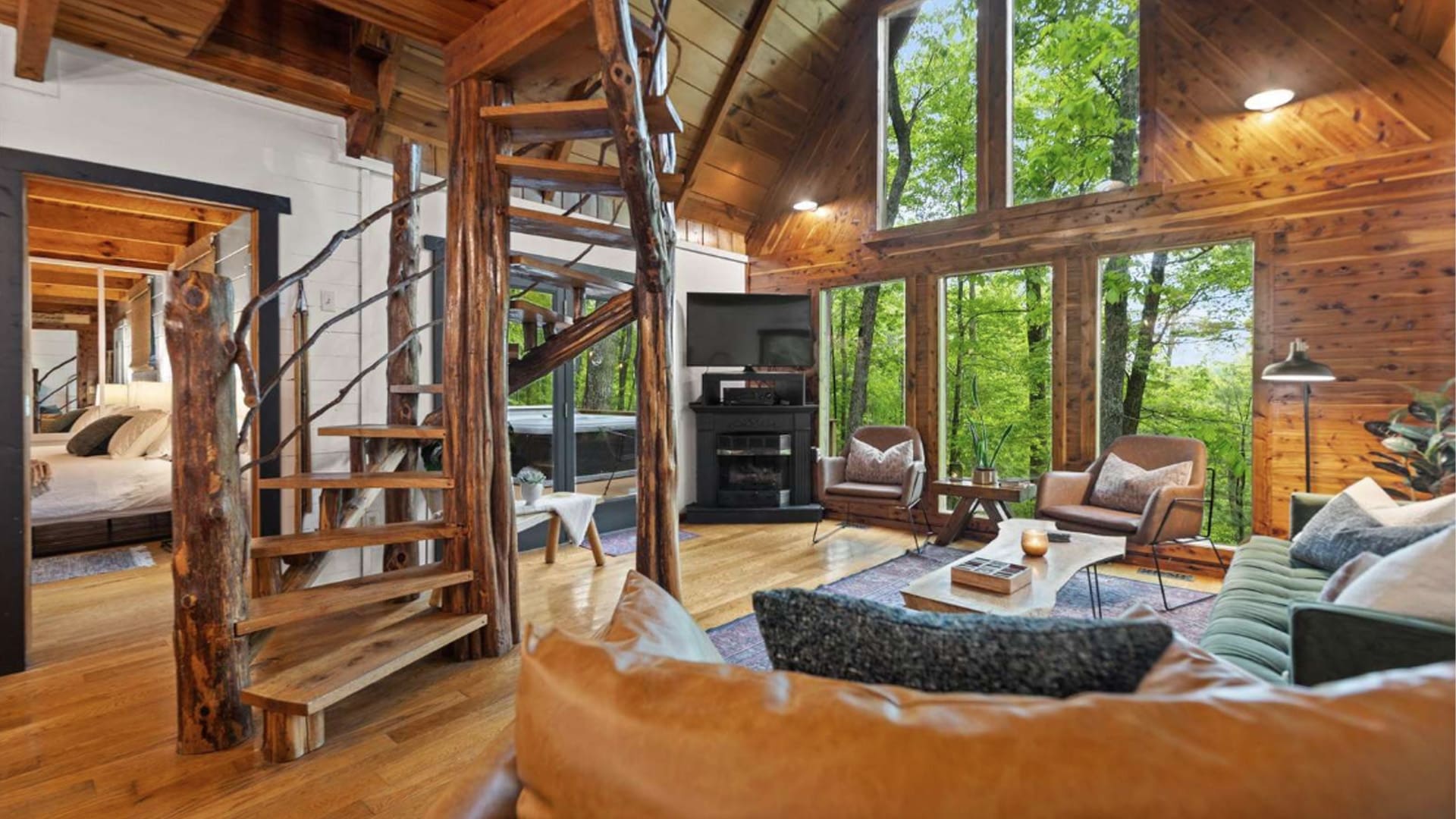 Pepper & Pine Living Room with a Unique Wooden Staircase