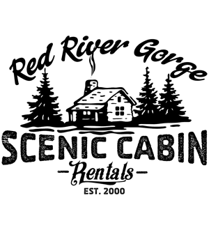 Logo for Red River Gorge Scenic Cabin Rentals, showing a cabin between pine trees with bold text and 'EST. 2000'.